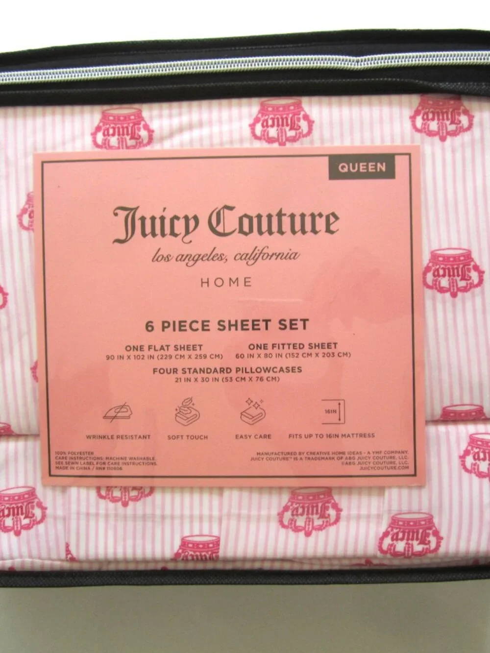 Juicy Couture Pink Stripe Crown 6 Piece Queen Sheet Set